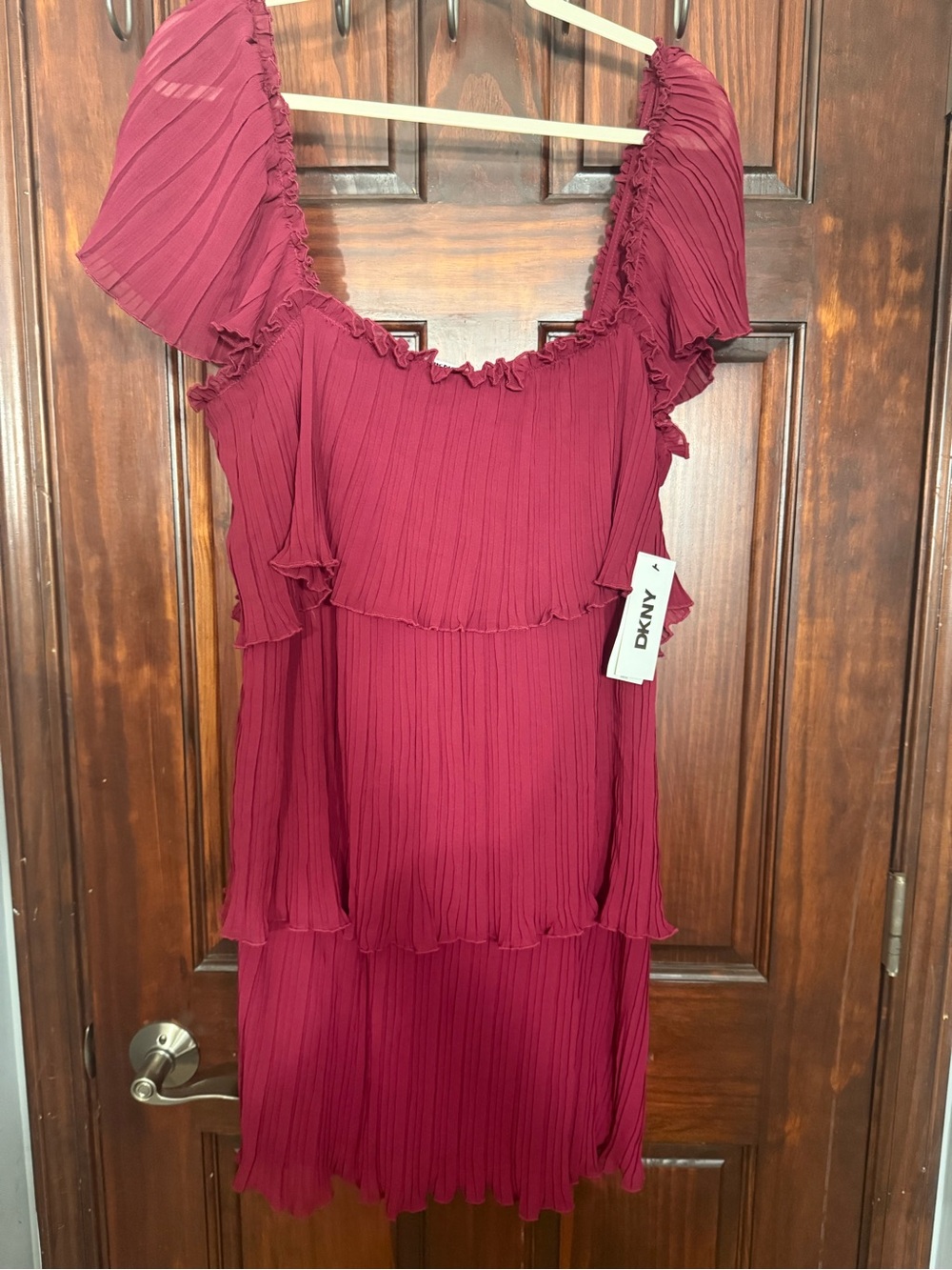 DKNY Women's Square-Neck Pleated Tiered Short Dress - Beet, Size-12